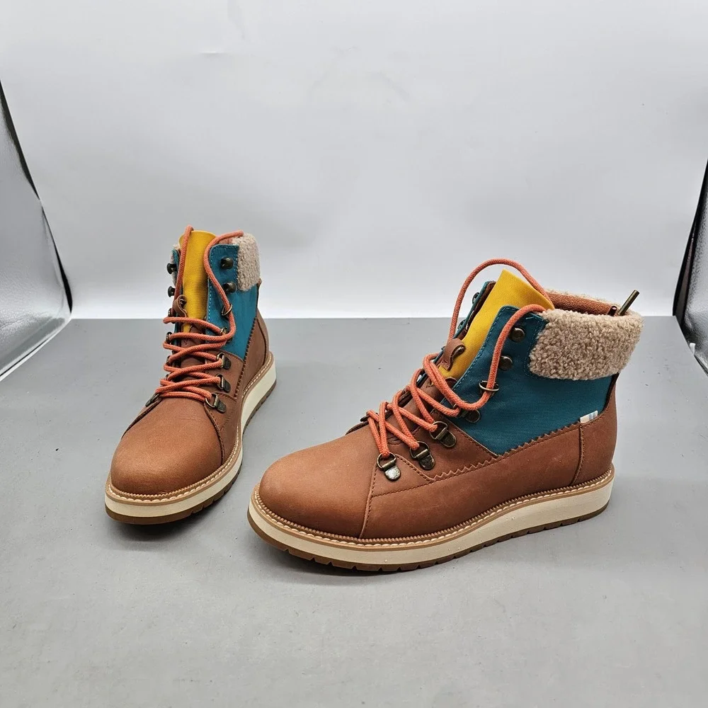 TOMS Mesa Waterproof Colorblock Boot Brown Teal Yellow Faux Shearling 10014157 7